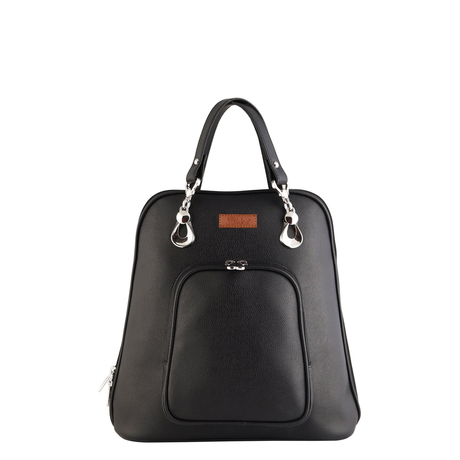 Women’s black vegan leather top‑handle backpack with structured silhouette and front pocket