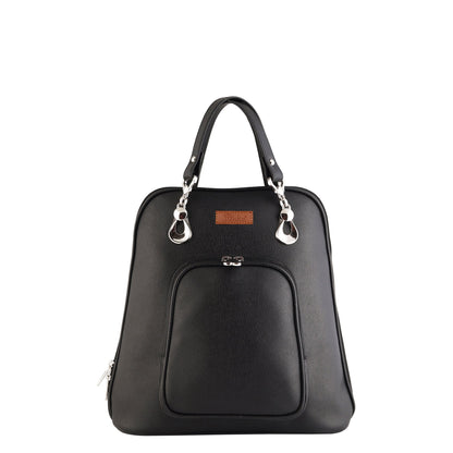 Women’s black vegan leather top‑handle backpack with structured silhouette and front pocket