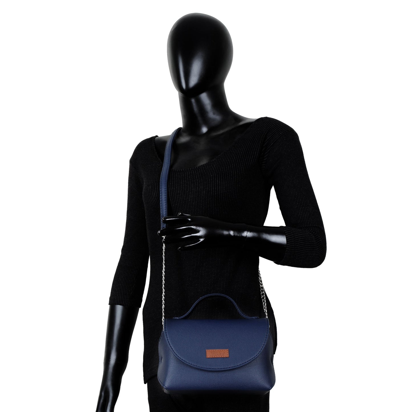 Blue Vegan Leather Crossbody Sling Bag – Women’s Chain Strap Shoulder Handbag