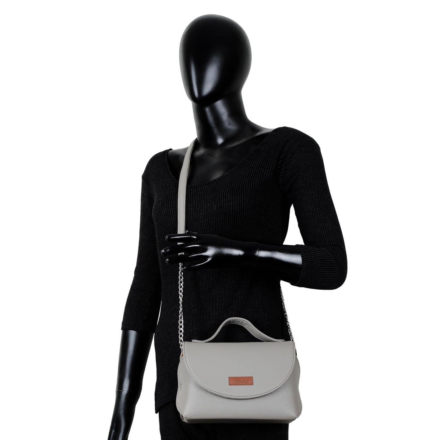 Grey Vegan Leather Crossbody Sling Bag – Women’s Chain Strap Shoulder Handbag