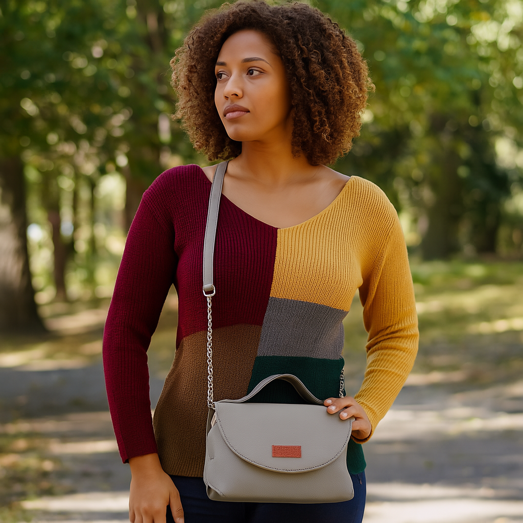 Grey Vegan Leather Crossbody Sling Bag – Women’s Chain Strap Shoulder Handbag