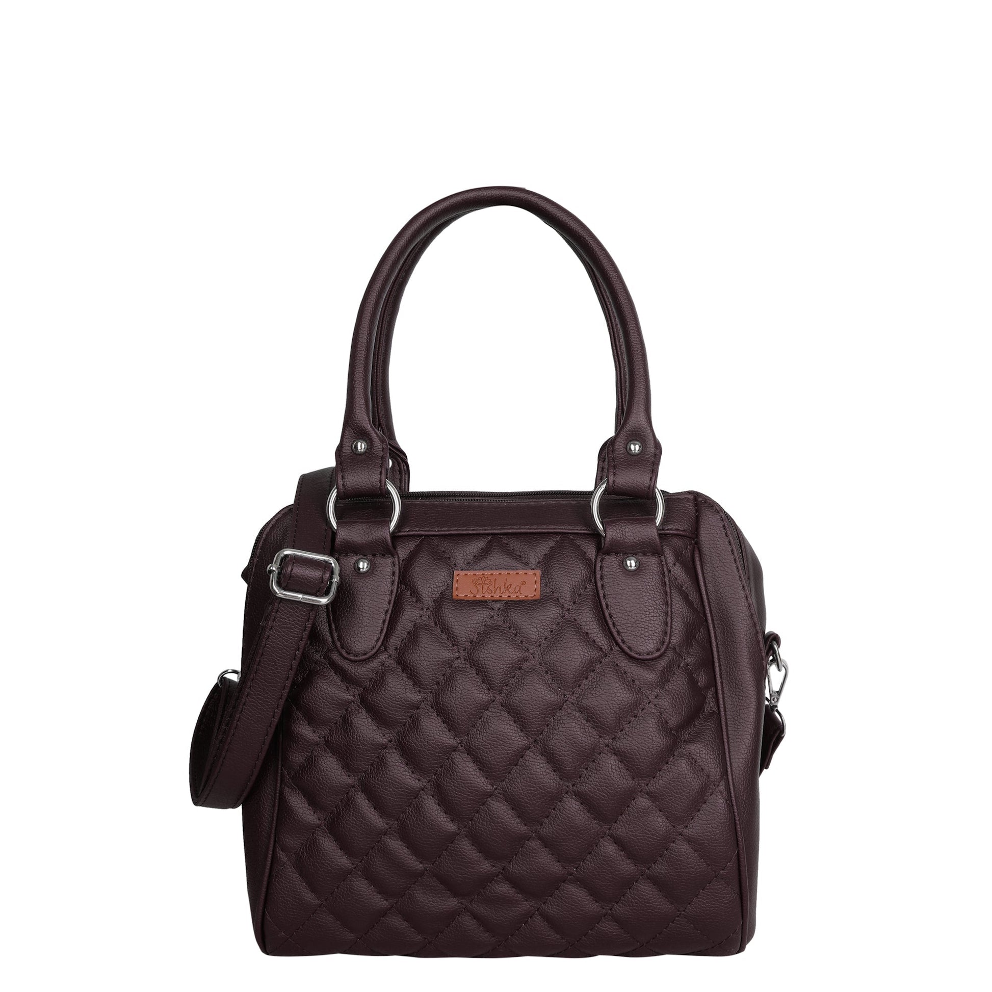 Women’s brown quilted vegan leather top‑handle satchel handbag with shoulder strap
