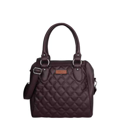 Women’s brown quilted vegan leather top‑handle satchel handbag with shoulder strap