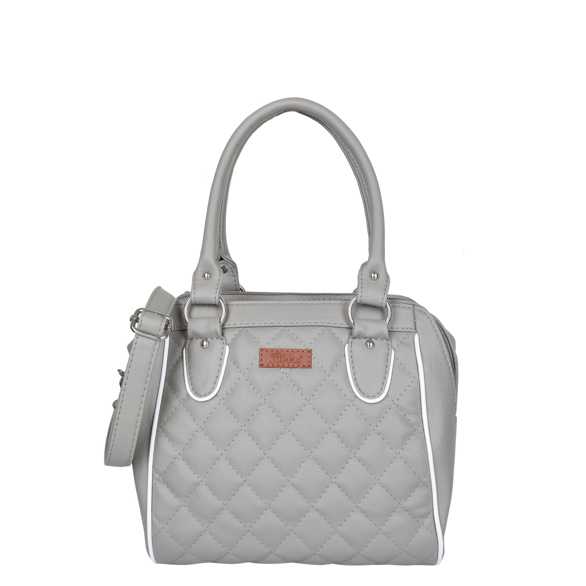 Women’s grey vegan leather top‑handle satchel handbag with shoulder strap