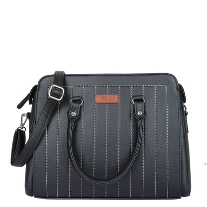 Women’s black vegan leather top‑handle satchel handbag with shoulder strap