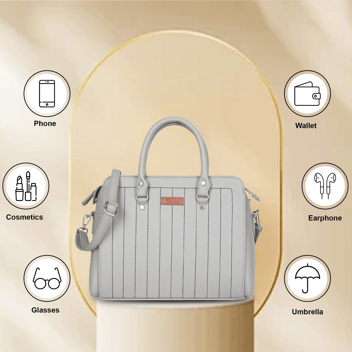 Grey Faux Leather Top-Handle Handbag – Women’s Crossbody Purse