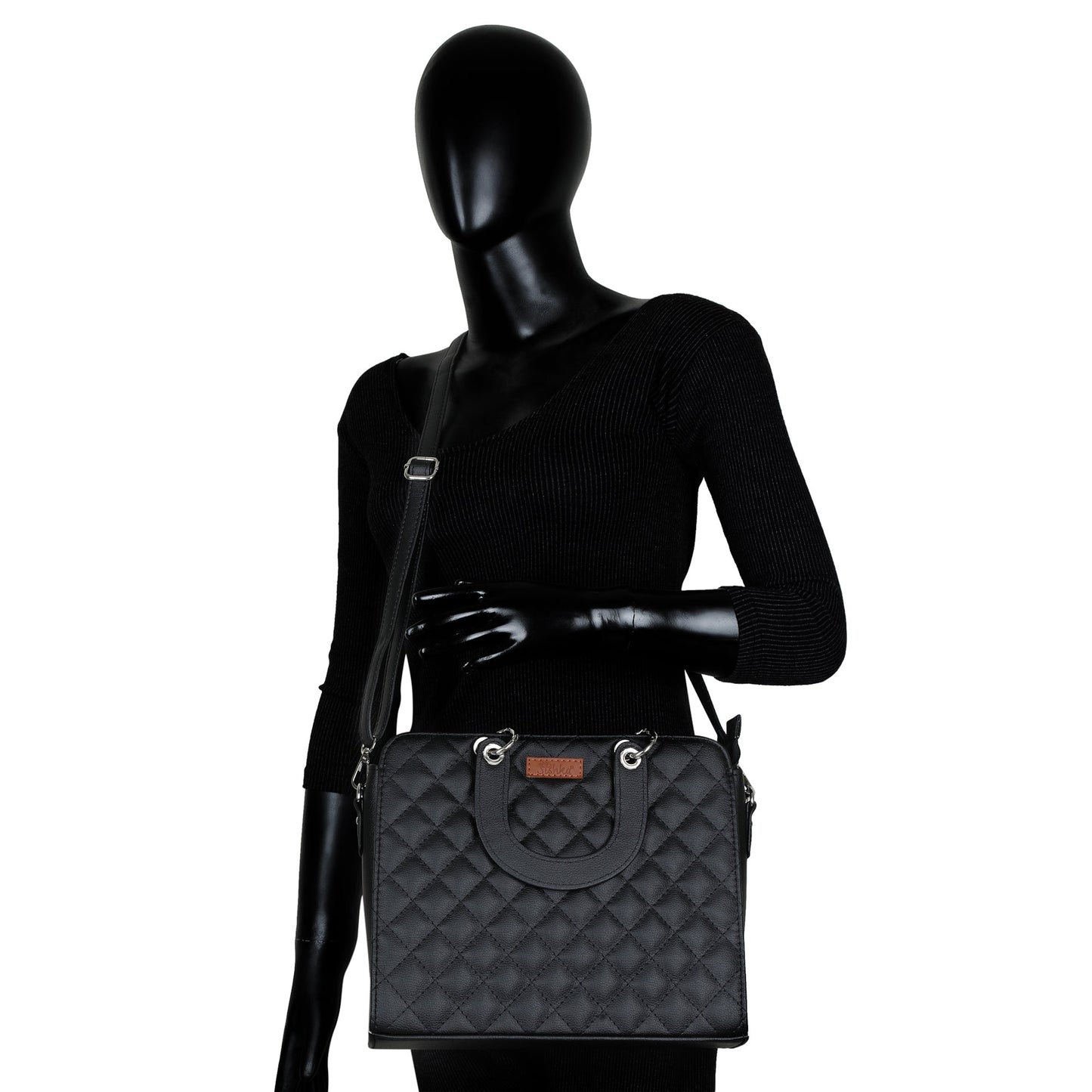 Black Quilted Faux Leather Tote Bag – Women’s Top Handle Satchel Handbag