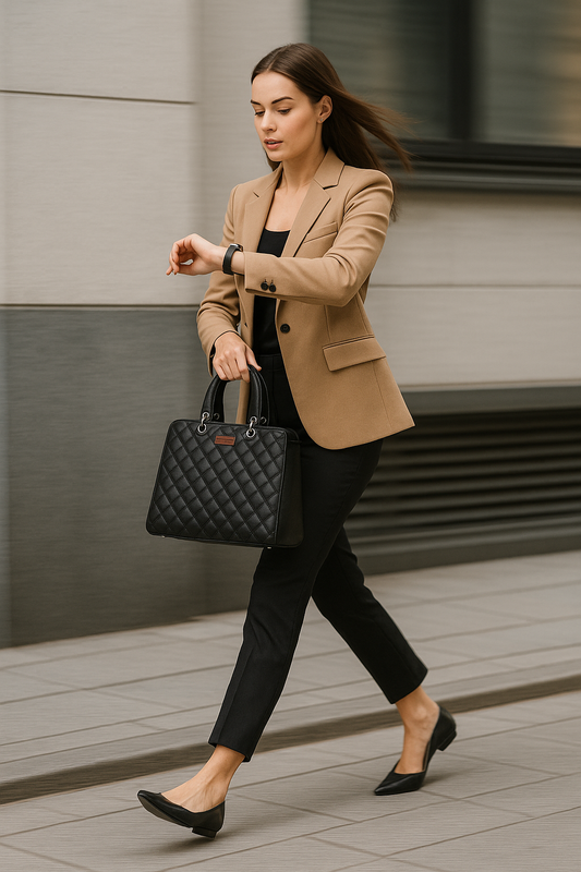 Black Quilted Faux Leather Tote Bag – Women’s Top Handle Satchel Handbag