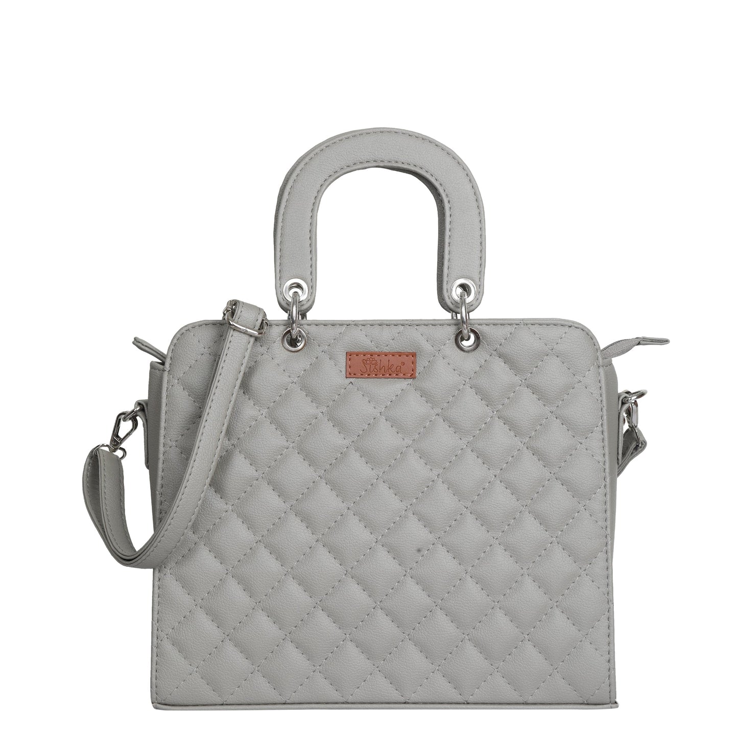 Grey Quilted Faux Leather Tote Bag – Women’s Top Handle Satchel Handbag