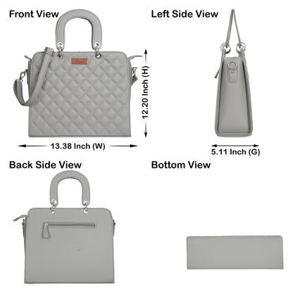 Grey Quilted Faux Leather Tote Bag – Women’s Top Handle Satchel Handbag