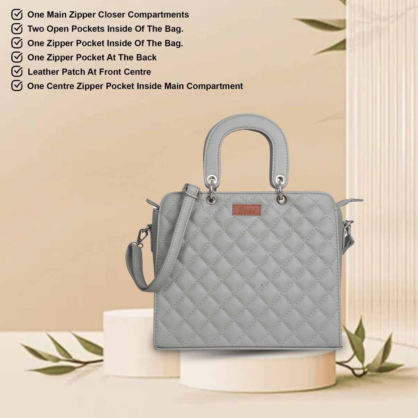 Grey Quilted Faux Leather Tote Bag – Women’s Top Handle Satchel Handbag