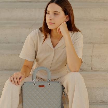 Grey Quilted Faux Leather Tote Bag – Women’s Top Handle Satchel Handbag