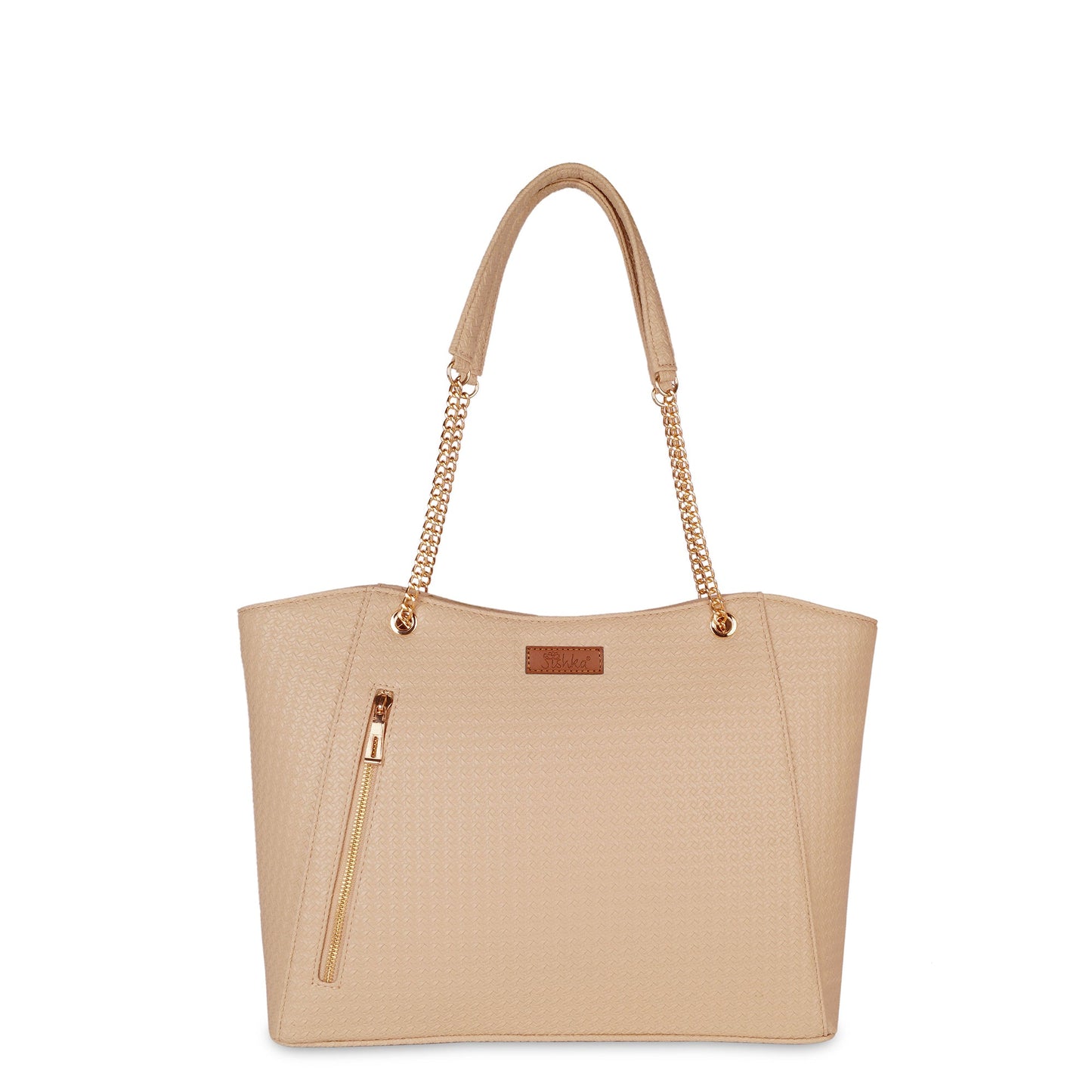 Beige Vegan Leather Satchel Handbag – Women’s Tote & Shoulder Bag with Chain Handles