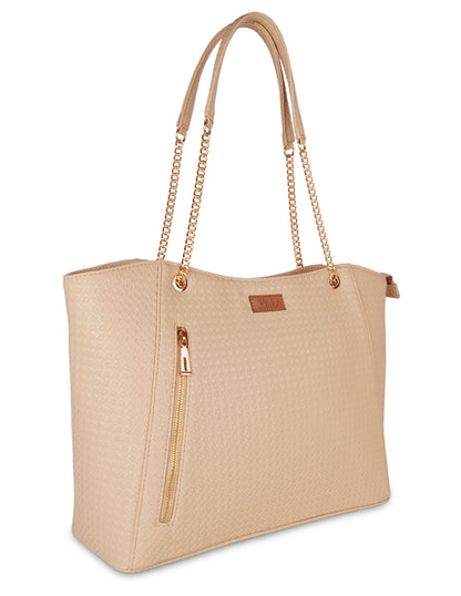 Beige Vegan Leather Satchel Handbag – Women’s Tote & Shoulder Bag with Chain Handles