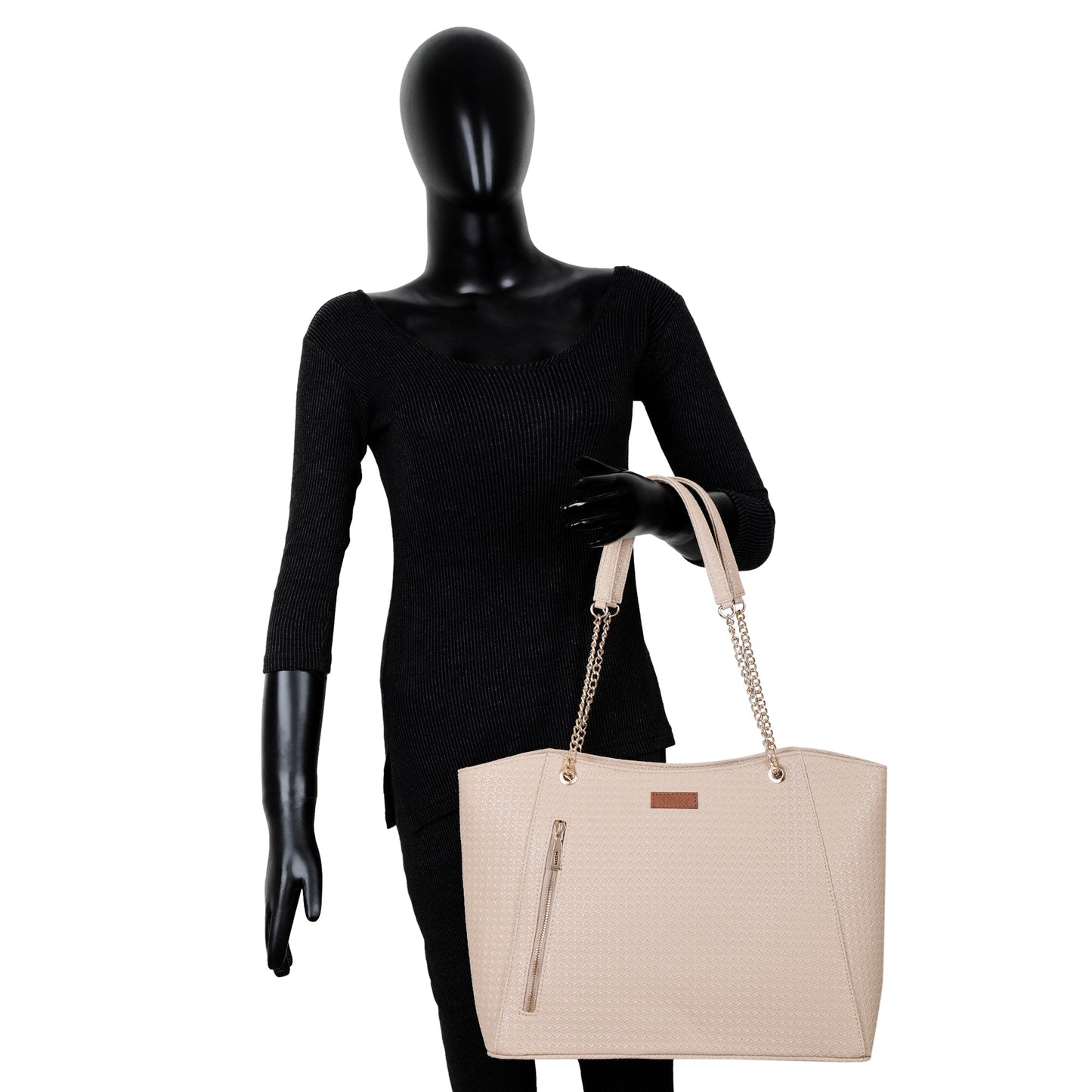 Beige Vegan Leather Satchel Handbag – Women’s Tote & Shoulder Bag with Chain Handles