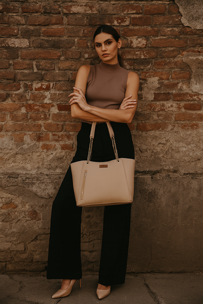 Beige Vegan Leather Satchel Handbag – Women’s Tote & Shoulder Bag with Chain Handles