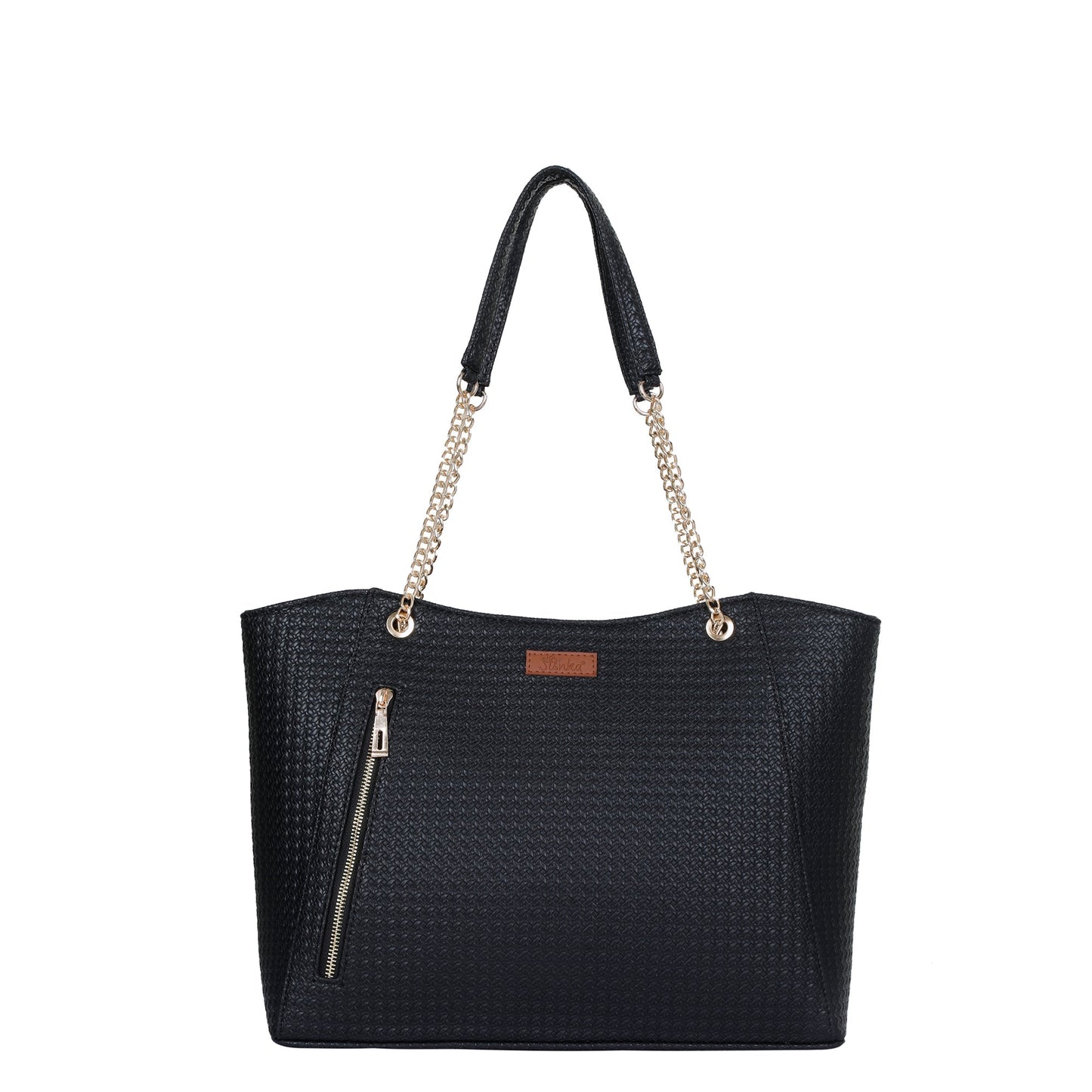 Women’s black vegan leather satchel tote bag with chain straps and structured design