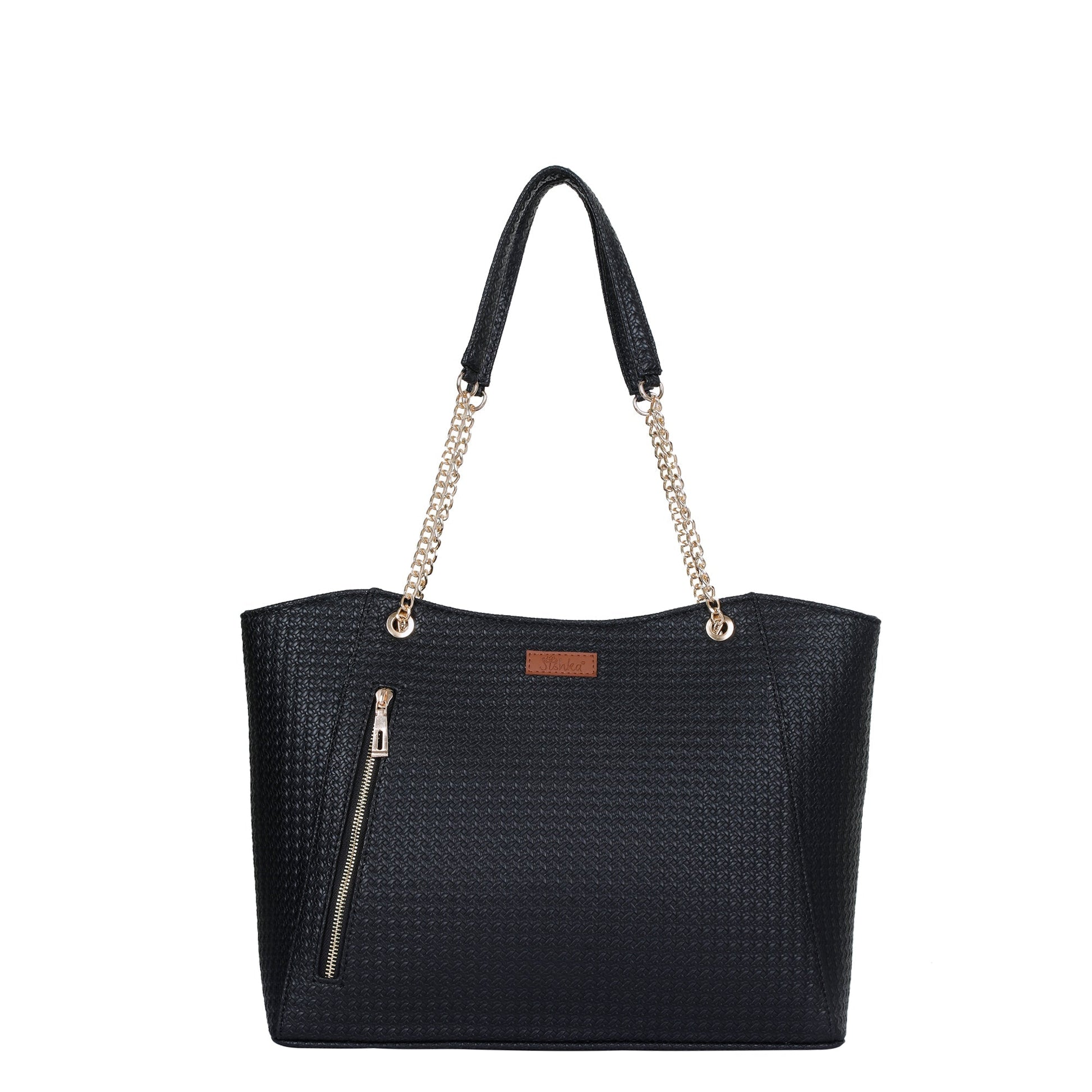 Women’s black vegan leather satchel tote bag with chain straps and structured design