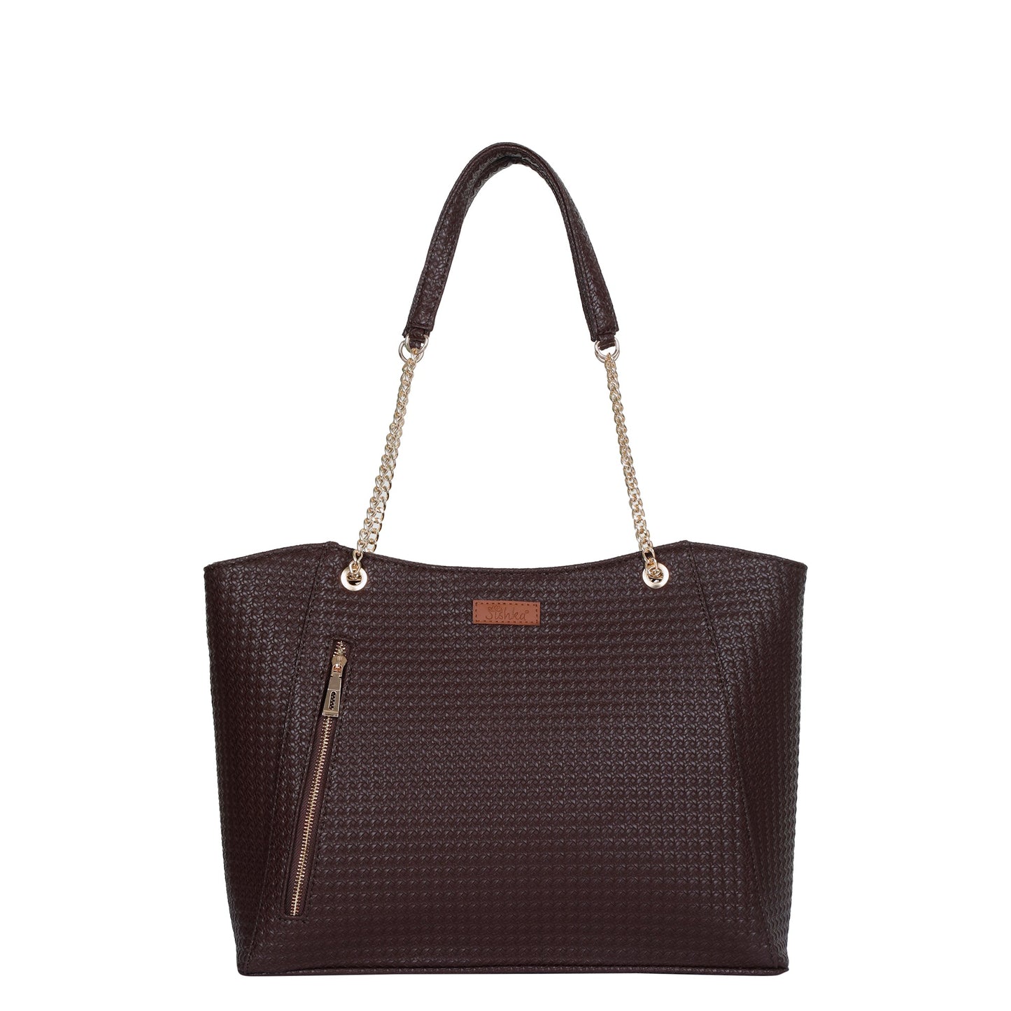 Women’s brown vegan leather satchel tote bag with elegant chain handles and structured design