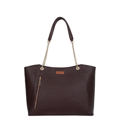 Women’s brown vegan leather satchel tote bag with elegant chain handles and structured design
