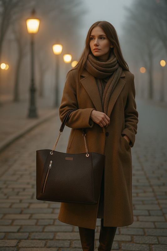 Brown Vegan Leather Satchel Bag – Women’s Tote Handbag with Chain Handles