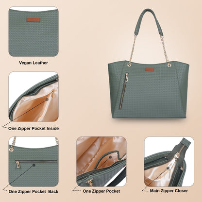Green Vegan Leather Satchel Bag – Women’s Tote Handbag with Chain Handles
