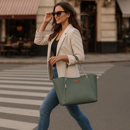Green Vegan Leather Satchel Bag – Women’s Tote Handbag with Chain Handles