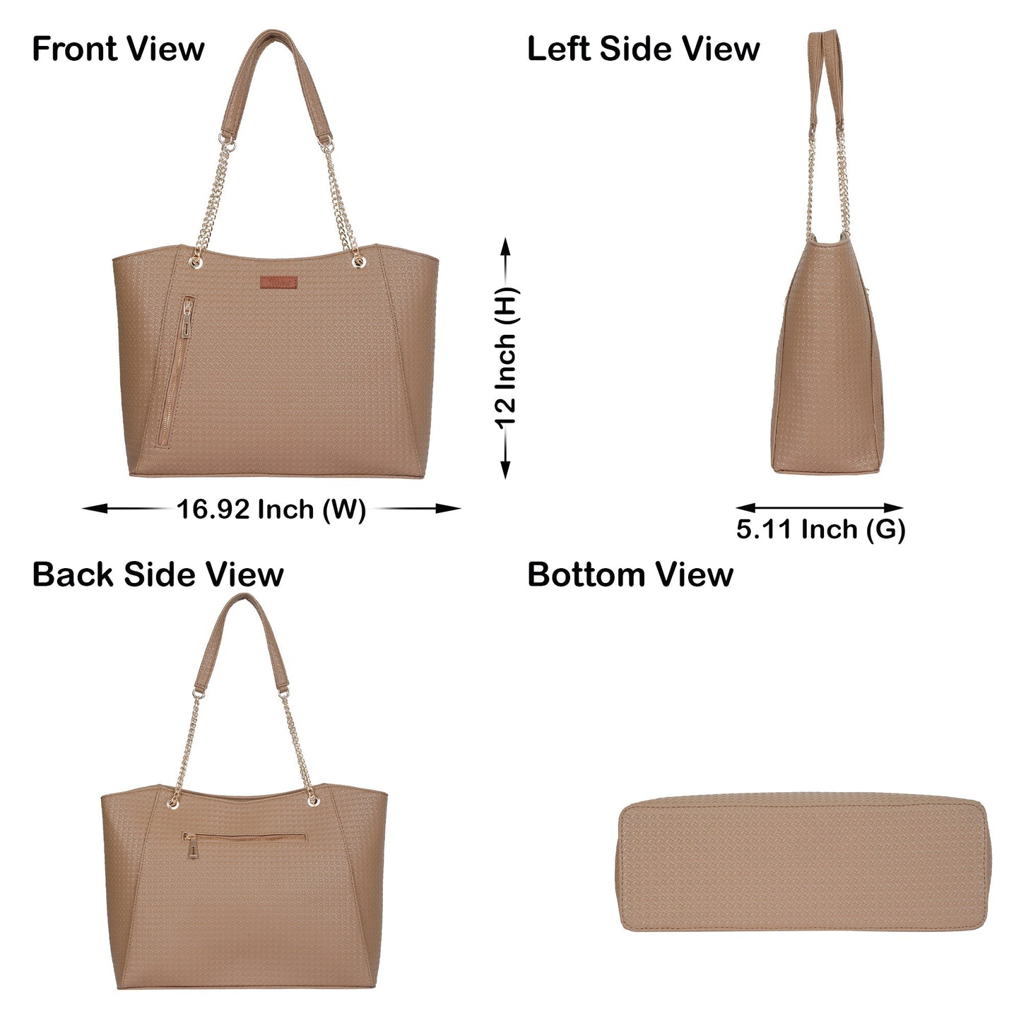 Taupe Vegan Leather Satchel Bag – Women’s Tote Handbag with Chain Handles