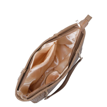 Taupe Vegan Leather Satchel Bag – Women’s Tote Handbag with Chain Handles