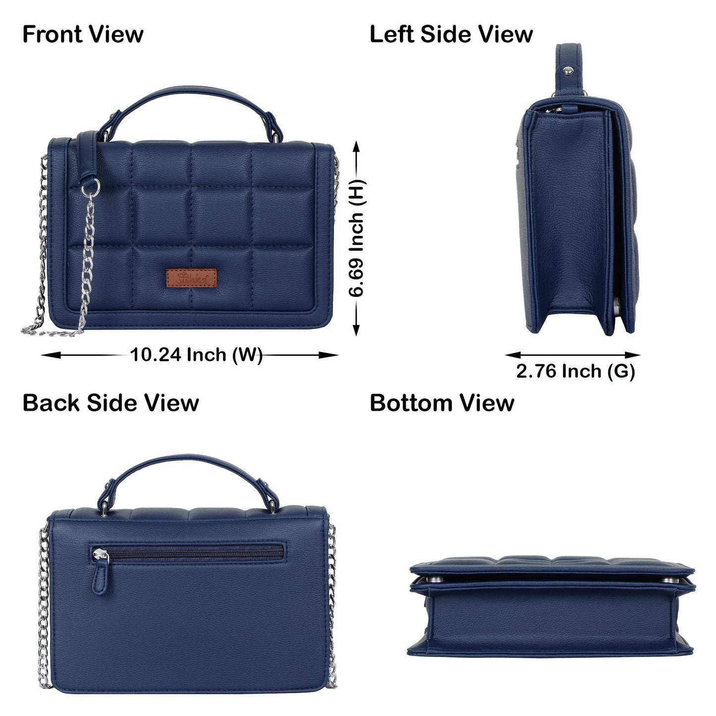 Blue Faux Leather Crossbody Sling Bag – Women’s Chain Strap Shoulder Handbag