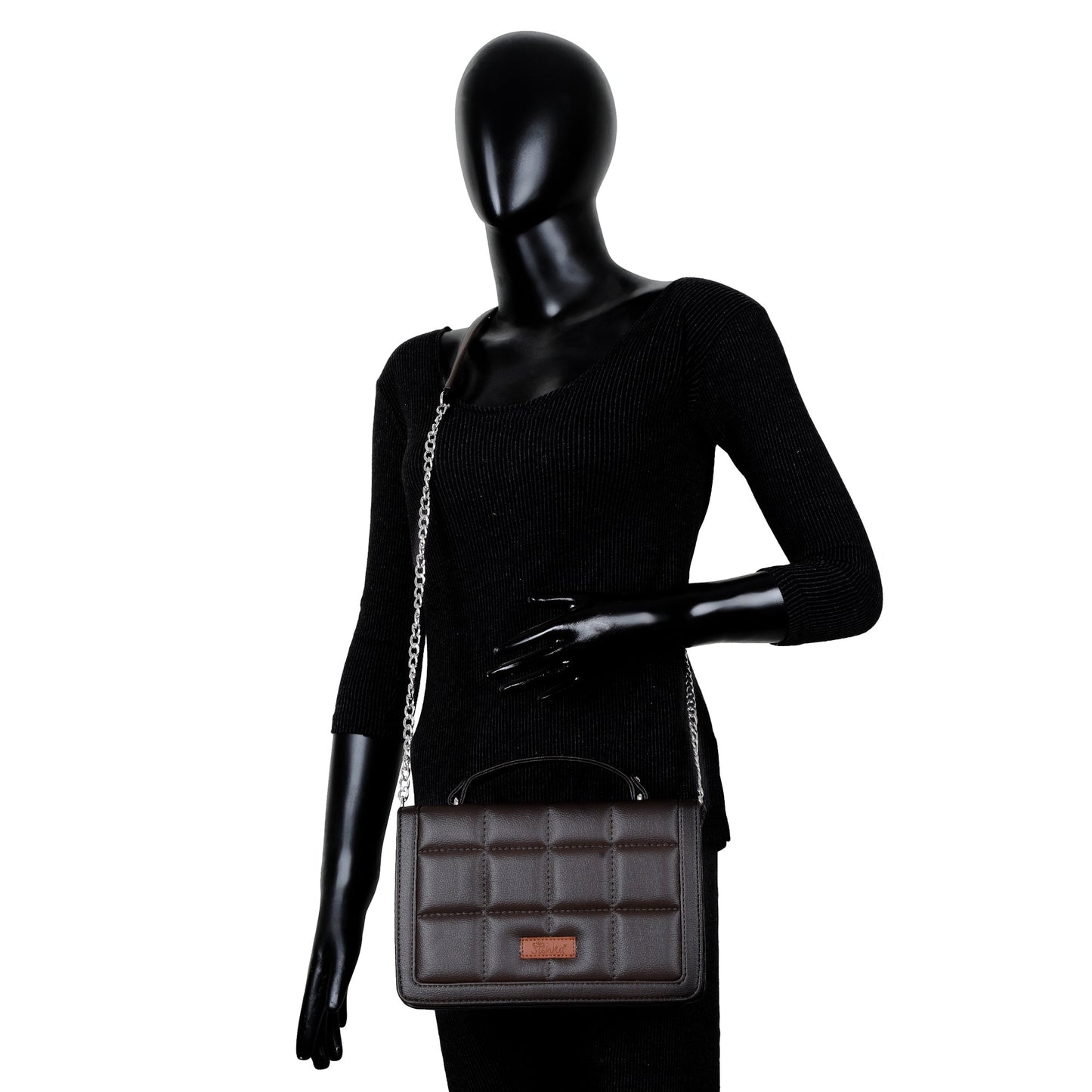 Brown Faux Leather Crossbody Sling Bag – Women’s Chain Strap Shoulder Handbag