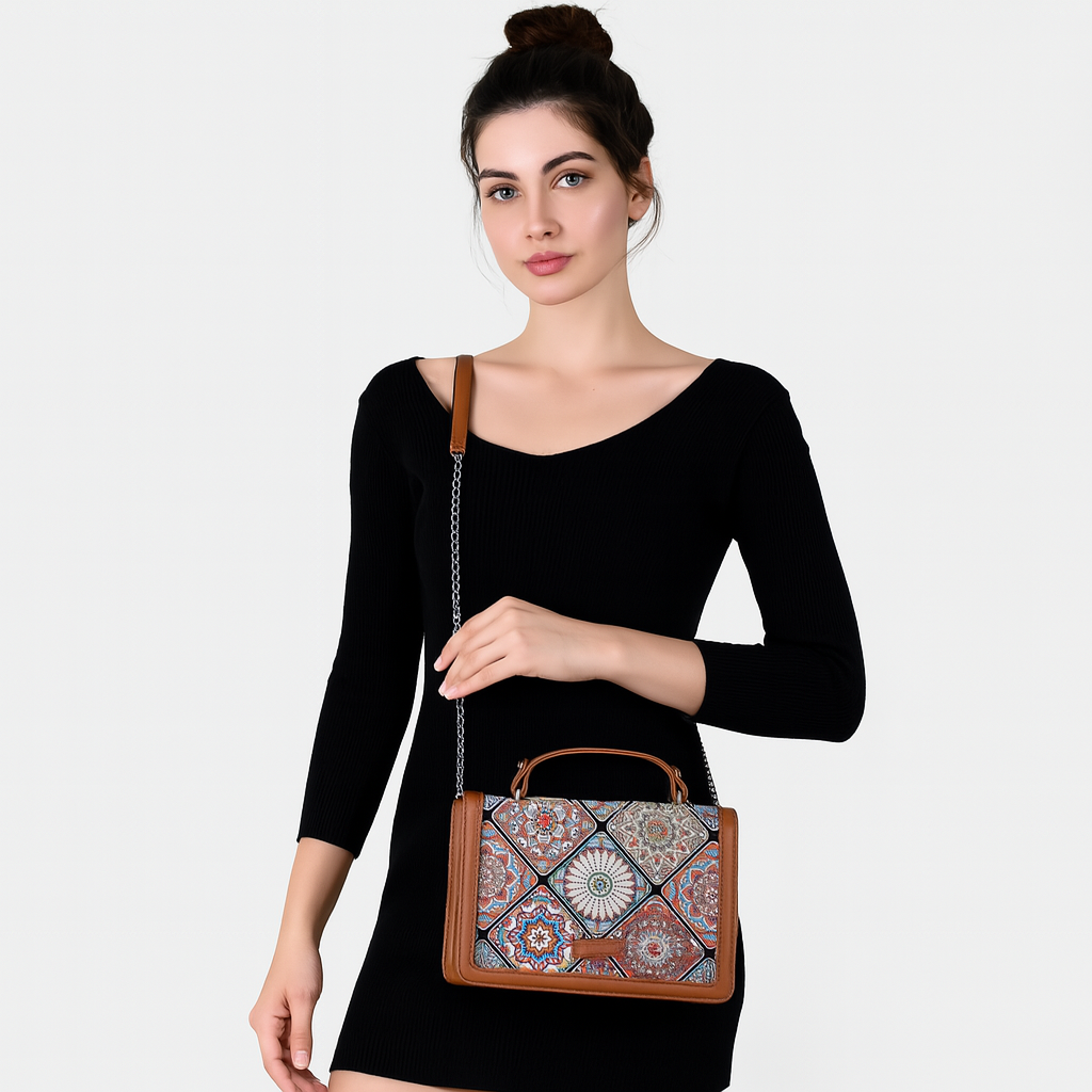 Handcrafted Mandala Print Crossbody Sling Bag – Women’s Fabric Purse with Chain Strap