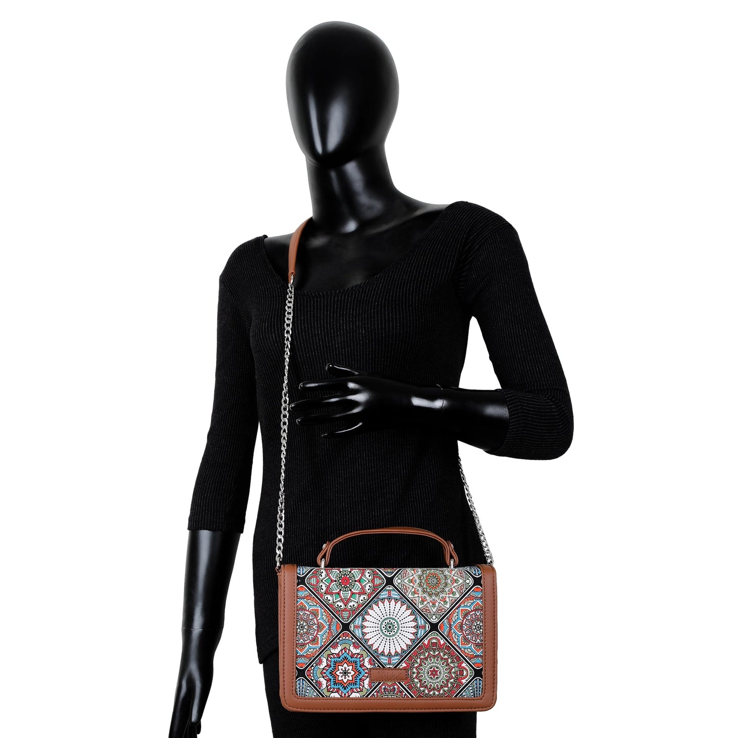 Handcrafted Mandala Print Crossbody Sling Bag – Women’s Fabric Purse with Chain Strap