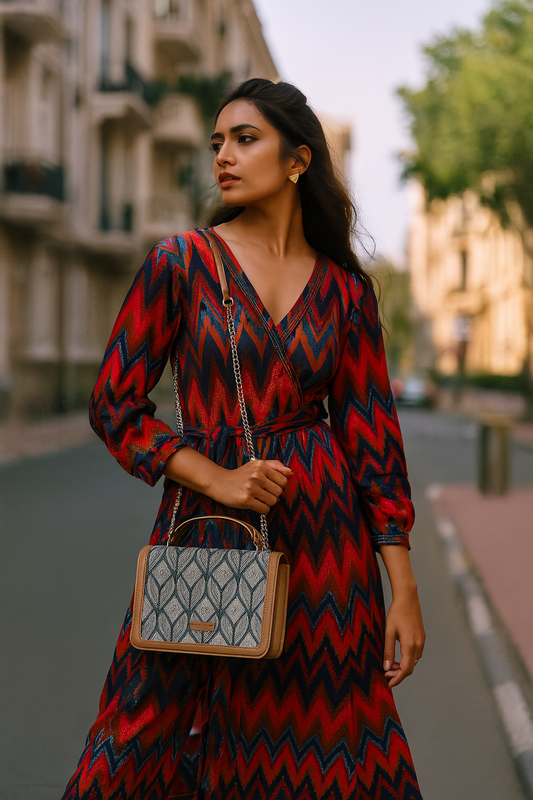 Handcrafted Geometric Print Crossbody Sling Bag – Women’s Fabric Purse with Chain Strap