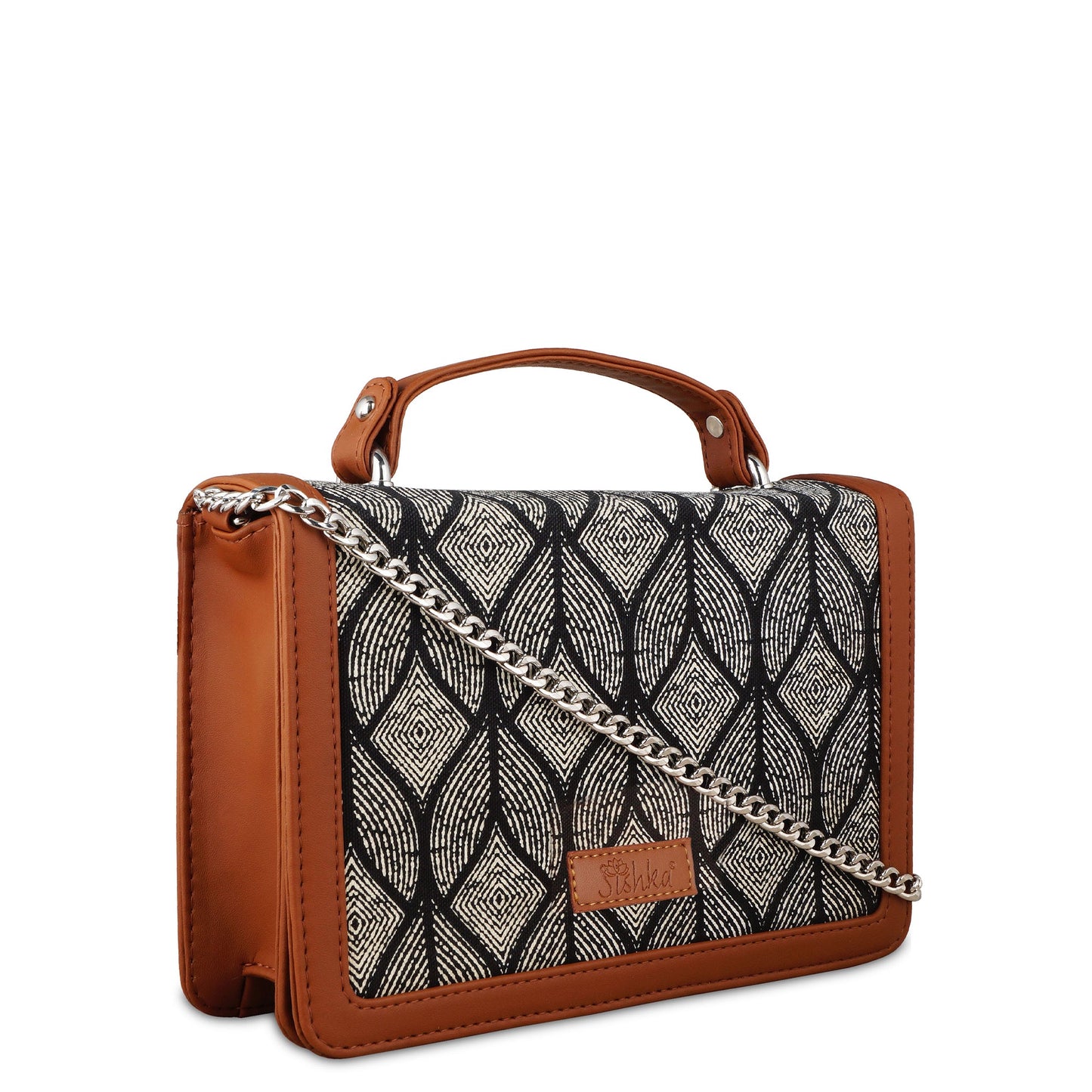 Handcrafted Geometric Print Crossbody Sling Bag – Women’s Fabric Purse with Chain Strap