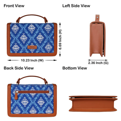 Handcrafted Blue Damask Print Crossbody Sling Bag – Women’s Fabric Purse with Chain Strap