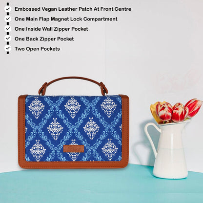 Handcrafted Blue Damask Print Crossbody Sling Bag – Women’s Fabric Purse with Chain Strap