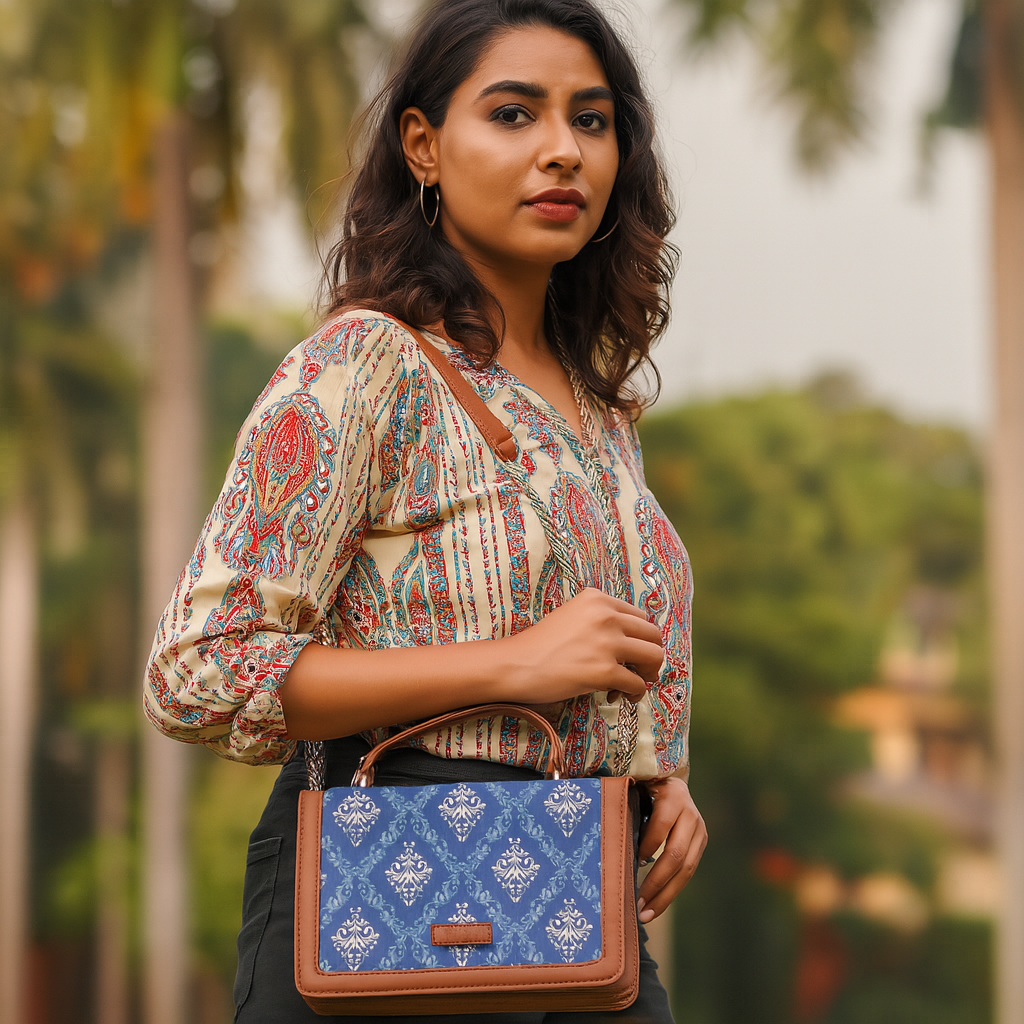 Handcrafted Blue Damask Print Crossbody Sling Bag – Women’s Fabric Purse with Chain Strap