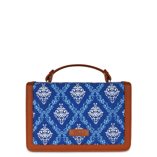Handcrafted Blue Damask Print Crossbody Sling Bag – Women’s Fabric Purse with Chain Strap