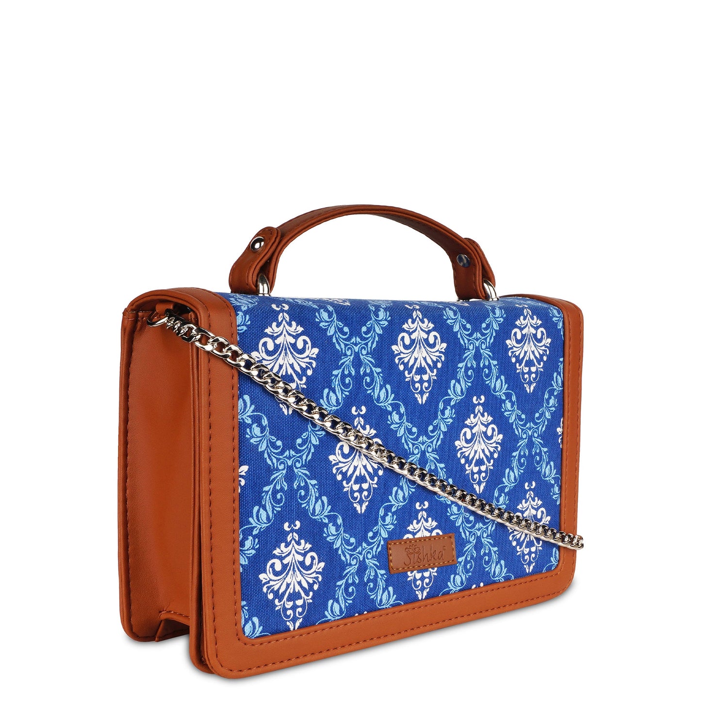 Handcrafted Blue Damask Print Crossbody Sling Bag – Women’s Fabric Purse with Chain Strap