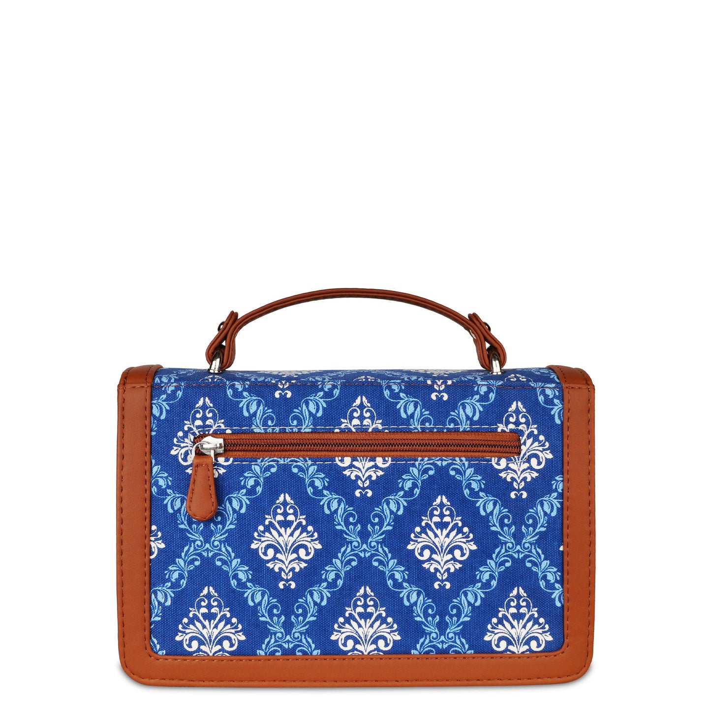 Handcrafted Blue Damask Print Crossbody Sling Bag – Women’s Fabric Purse with Chain Strap