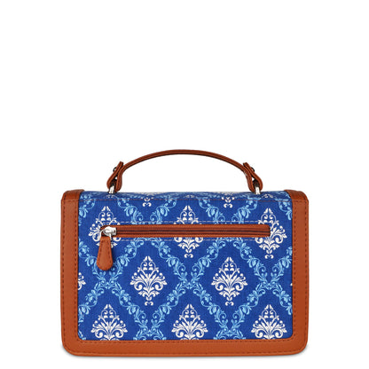 Handcrafted Blue Damask Print Crossbody Sling Bag – Women’s Fabric Purse with Chain Strap