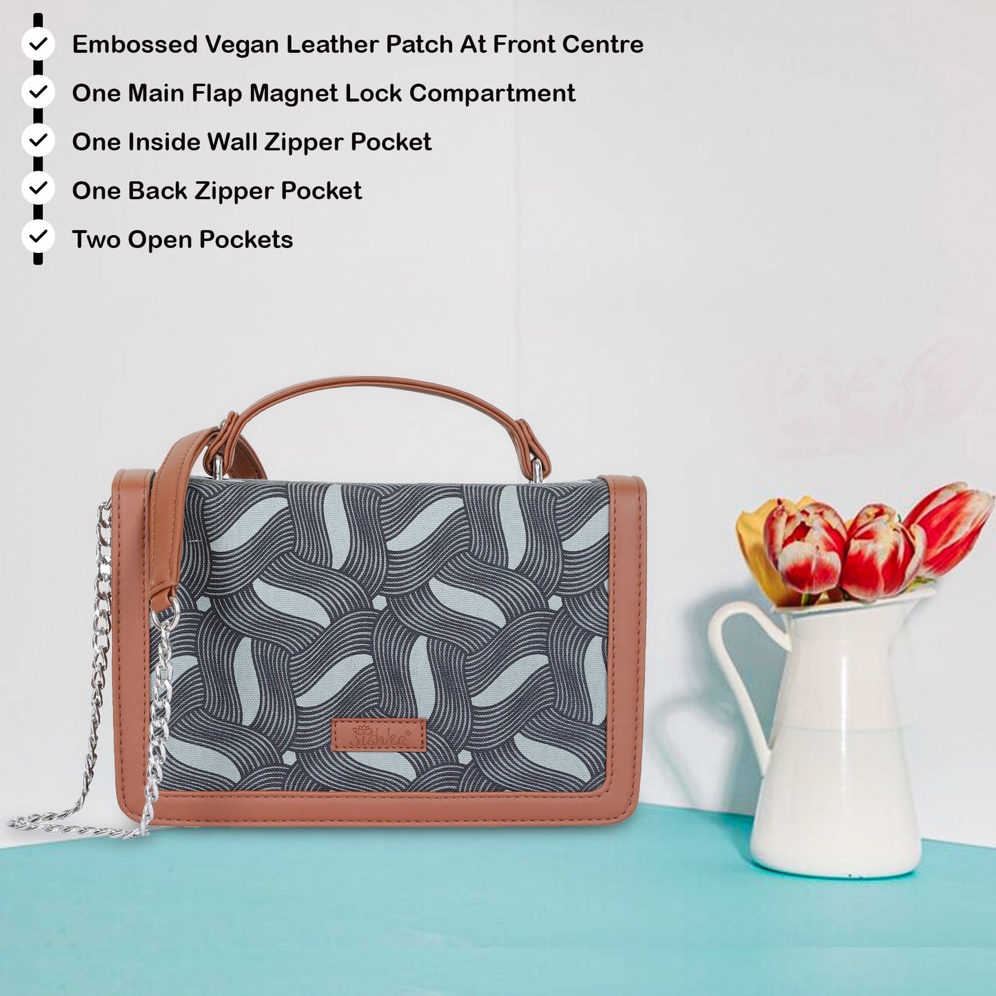 Handcrafted Wave Print Crossbody Sling Bag – Women’s Fabric Purse with Chain Strap