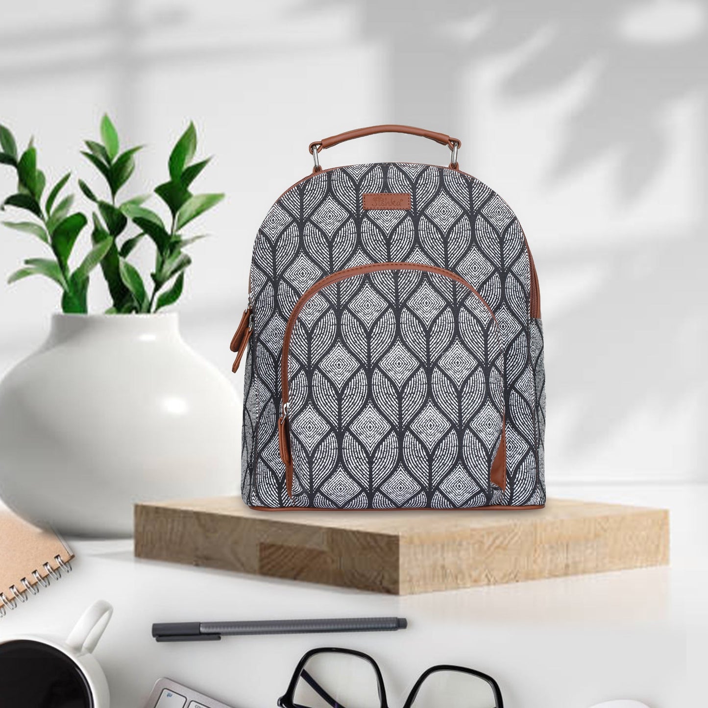 Monochrome Handcrafted Printed Backpack – Lightweight Shoulder Bag for Everyday Use