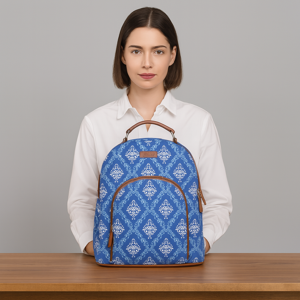 Blue Handcrafted Printed Backpack – Compact Shoulder Bag for Travel & Everyday Use