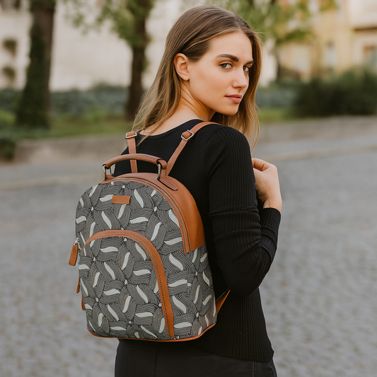Handcrafted Printed Backpack – Faux Leather Trim & Stylish Fabric Bag