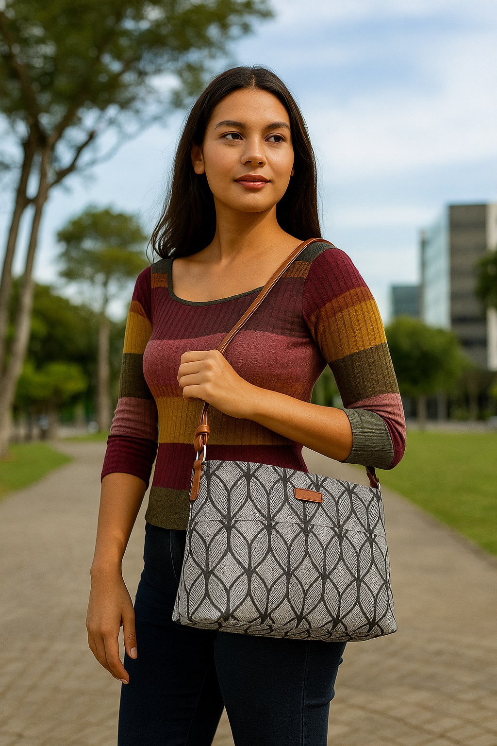 Geometric Print Fabric Shoulder & Crossbody Bag – Women’s Sling Purse