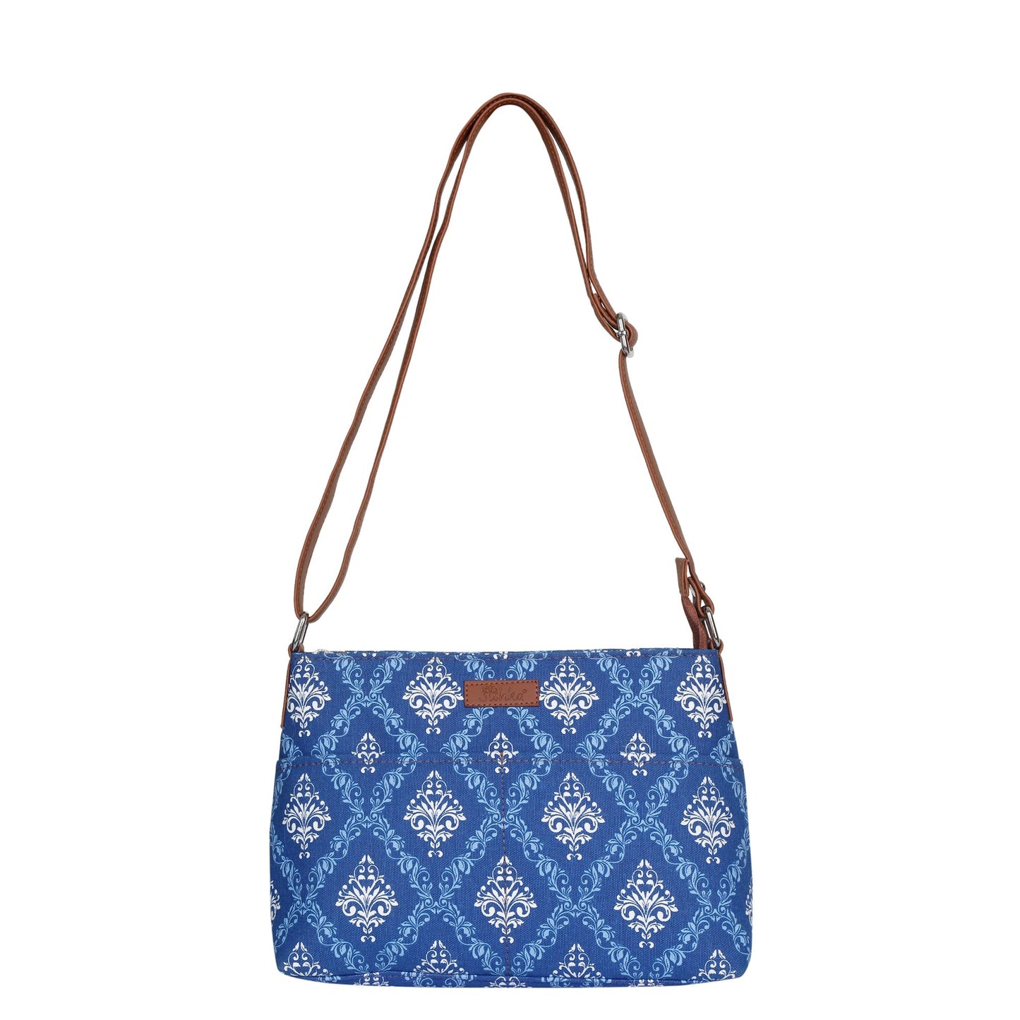 Women’s Blue Pattern Crossbody Bags with Vegan Leather Trim – Wholesale