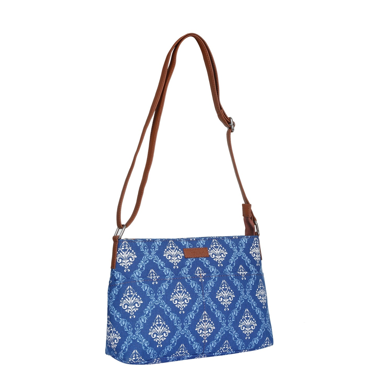 Women’s Blue Pattern Crossbody Bags with Vegan Leather Trim – Wholesale