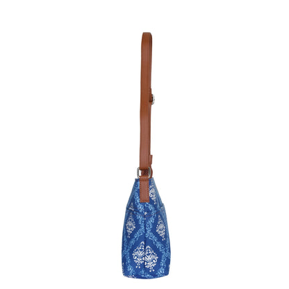 Women’s Blue Pattern Crossbody Bags with Vegan Leather Trim – Wholesale